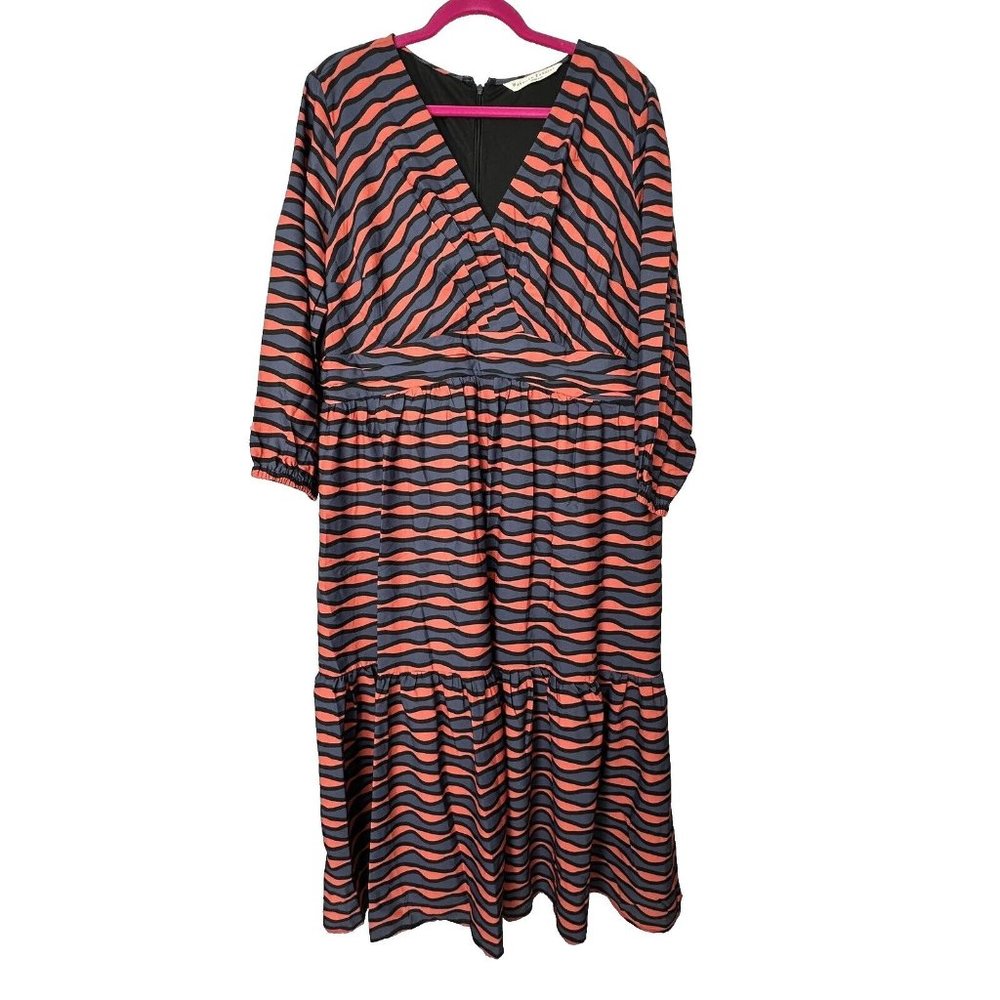 eShakti Graphic Print Crepe Empire Dress Womens 2X 20W Black Orange V Neck